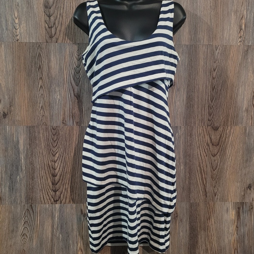 Synergy Organic Clothing Layered Tank Dress Sz M Navy Blue/White Stripe Nautical